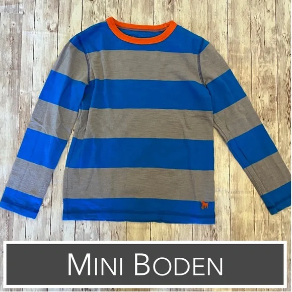 Mini Boden Blue & Gray Wide-Striped Long Sleeve Shirt with Orange Neck Band EUC - Picture 1 of 6